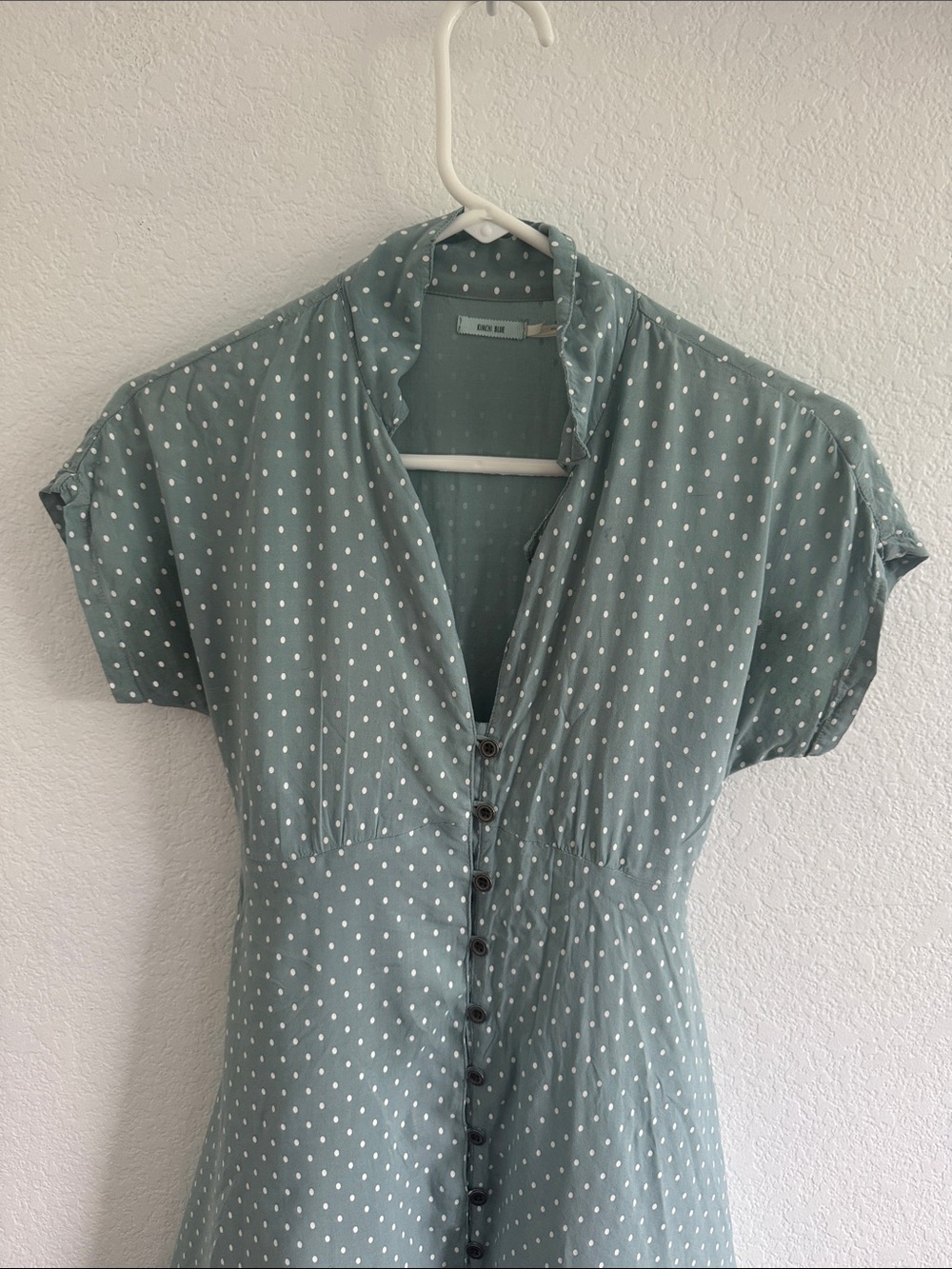 Kimchi Blue Sage Green Polka Dot Button-Front Mini Dress Sz XS Lightweight - Picture 3 of 9
